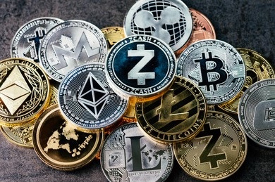 picture of coins with crypto currency logo